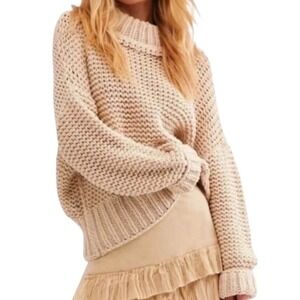 Free People My Only Sunshine Sweater Womens Large Beige Mock Neck Chunky Knit